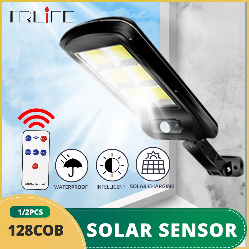 

2000 Вт 128COB Солнечный светодиодный уличный светильник, уличный светильник, прожектор, светильник от солнца, водонепроницаемый PIR датчик движе...