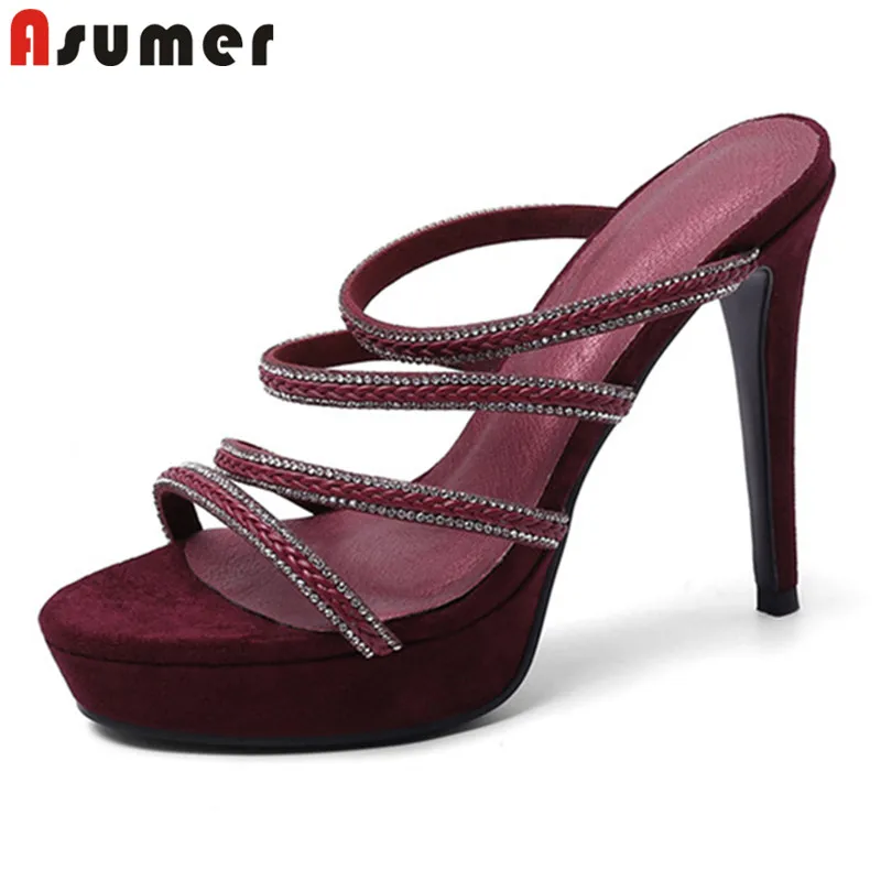 

ASUMER 2020 new arrive women sandals suede leather crystal sexy super high heels platform sandals ladies party wedding shoes