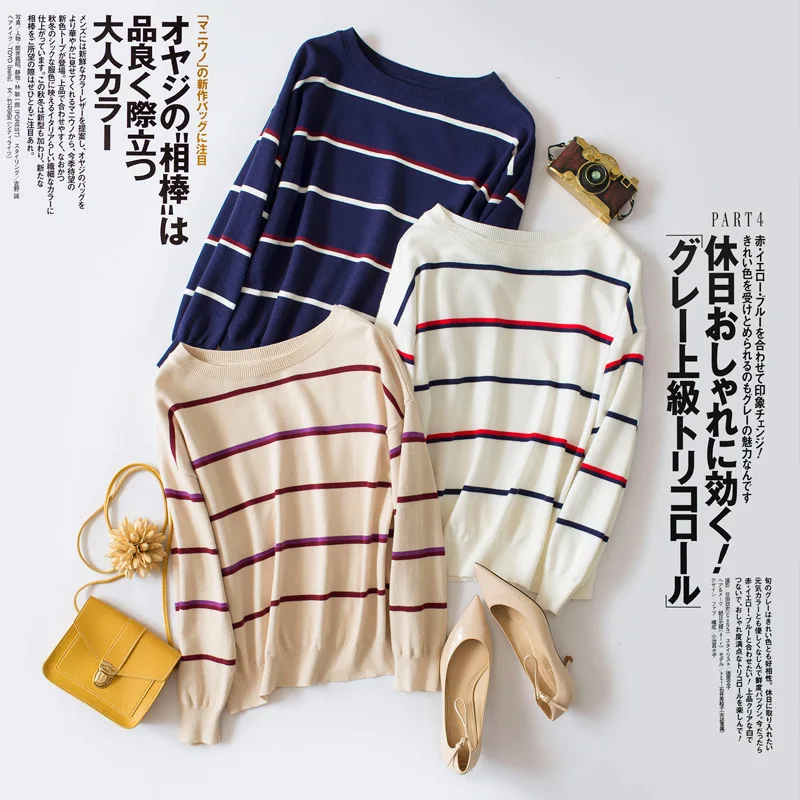 2019 Vintage Striped Knitted Women Sweater And Pullovers O-Neck Long Sleeve Pullover Pull Femme | Женская одежда
