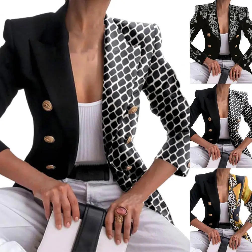 Fashion Turn-Down Collar Women Blazer Fashion Print Double Breasted Autumn Winter Lapel Long Sleeve Slim Suits Jacket for Office