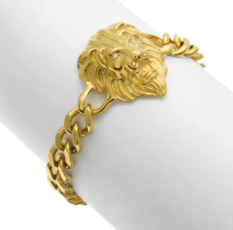 

316L stainless steel Men hop hip pure gold color lion 's head cuban link Chain Bracelet 24cm men bracelets hip hop jewelry gifts