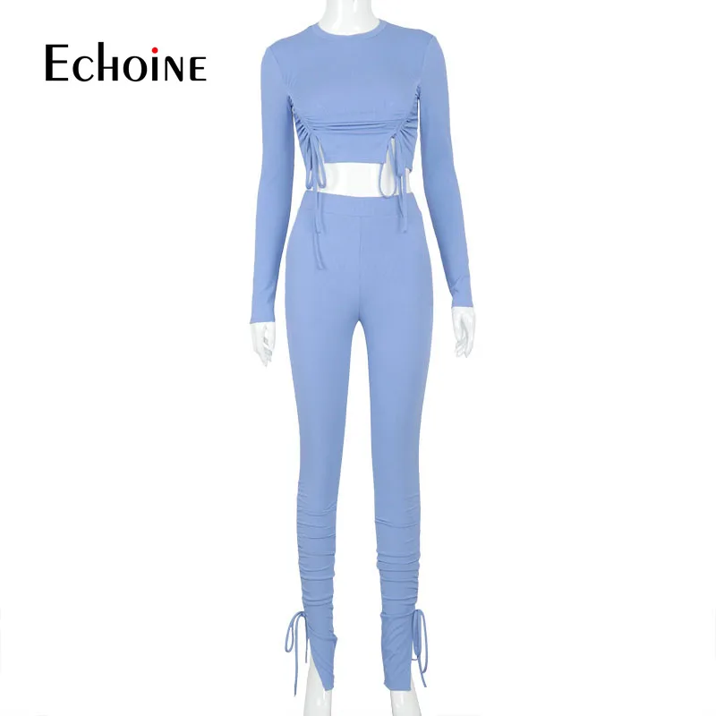 

Echoine 2020 Women Autumn Winter Long Sleeve Crop Tops stacked leggings Sweatpants Long Pants Sportswear Two Piece Sets Clothes