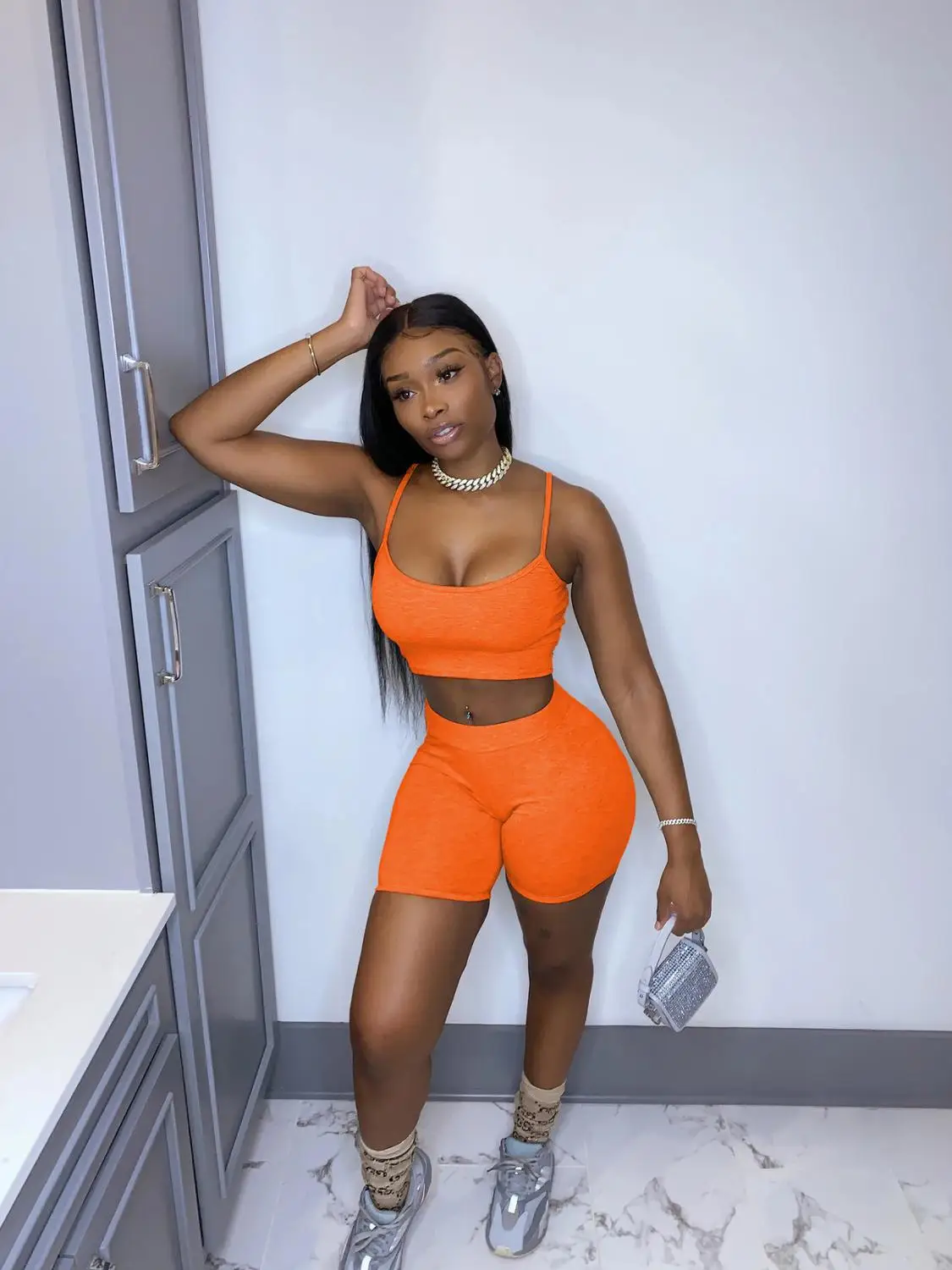 

Women Jogging Casual Sportswear Pants Suit Fashion Sexy High Street Solid Color Camisole Tops Shorts Two Piece Set Women