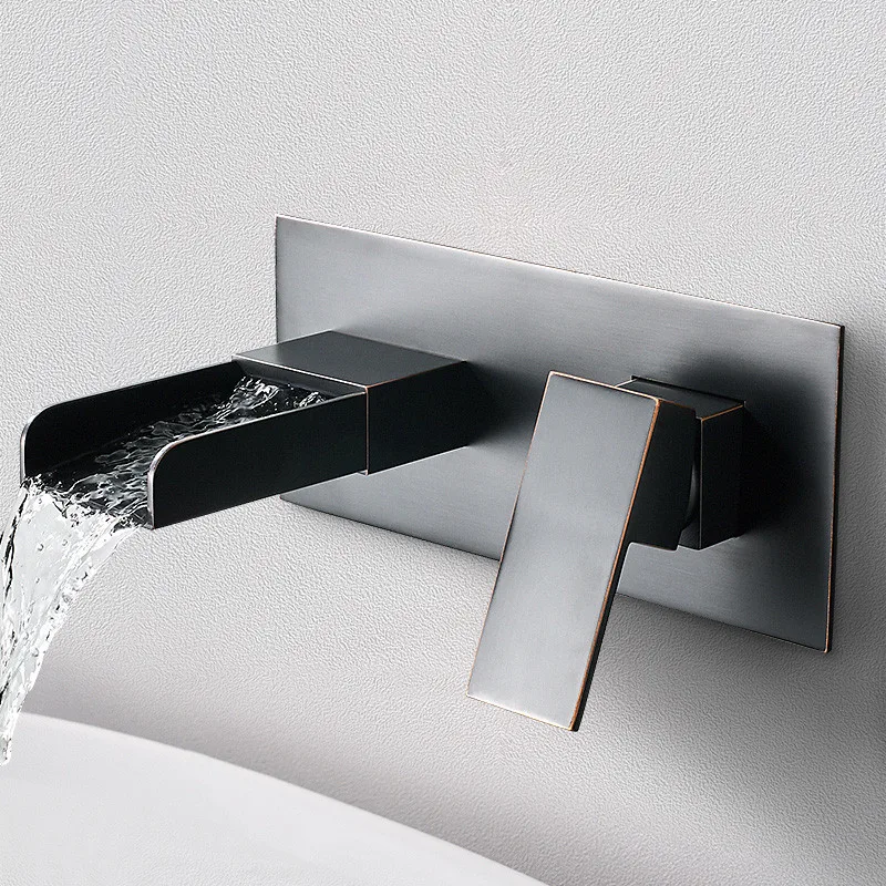 

Bathroom Basin Faucet Total Brass Waterfall In-Wall Hot & Cold Sink Mixer Tap Wall Mounted Black/Chrome Lavatory Water Crane Tap