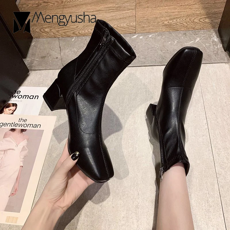 Ботинки женские с квадратным носком узкие мотоциклетные ботильоны на молнии