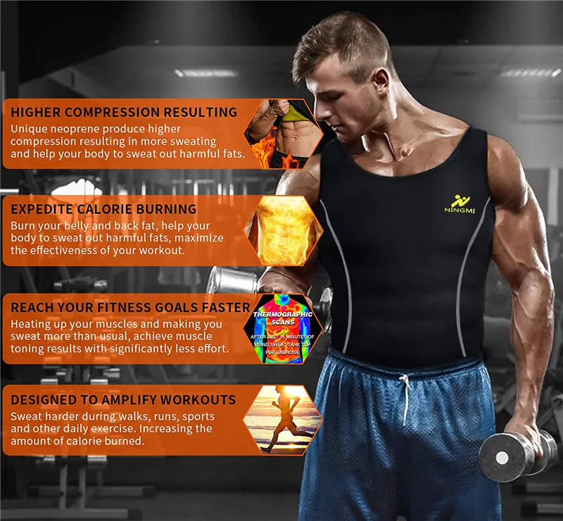 NINGMI Gym Shirt Compression Tank Top Men Neoprene Sauna Waist Trainer Body Shaper Fitness Tights Modeling Belt Sports Top Vest