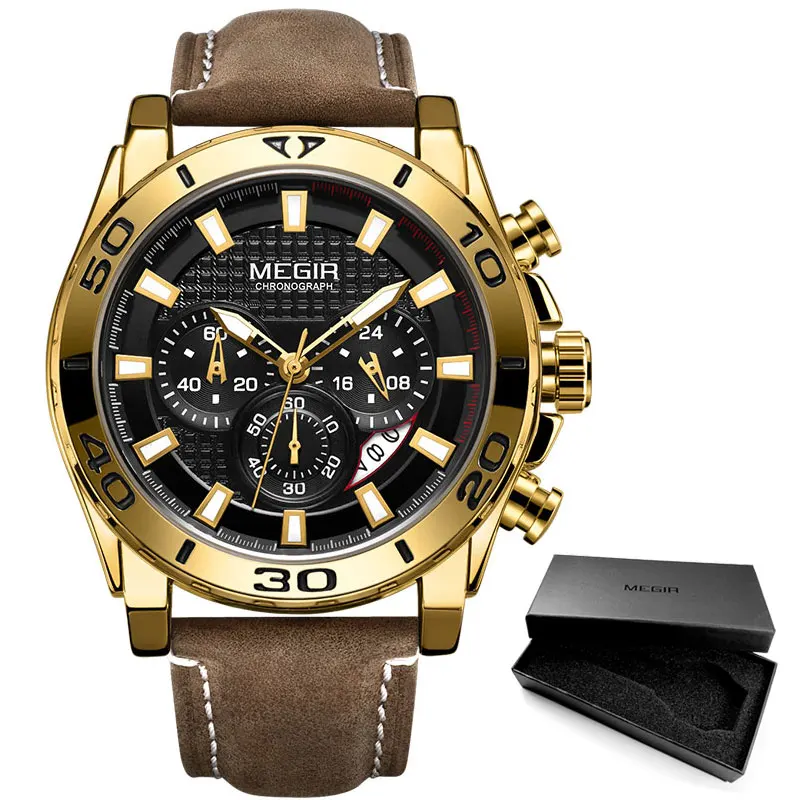ML2094G-Gold MEGIR мужской кожаный ремешок армейские спортивные кварцевые часы водонепроницаемый светящийся хронограф наручные часы мужские Relogios часы 2094 черный - Цвет: ML2094G-Gold