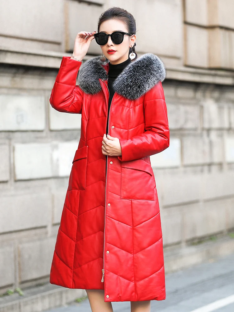 Leather Down Jacket Female Long Section 2020 New Slim Sheep Belt Cap Fox Fur Collar Female Big size High Quality Leather Jacket