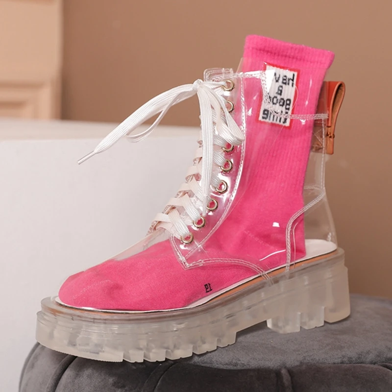 

Ladies rain boots fashion mature ladies lace up waterproof women's shoes transparent candy color soles outdoor women's shoes
