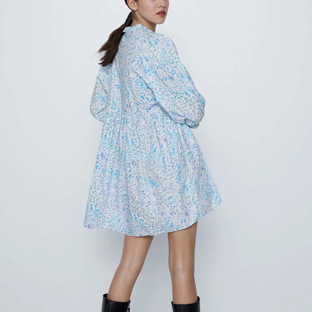 Женское платье с длинным рукавом ZA синее до колена цветочным принтом и круглым