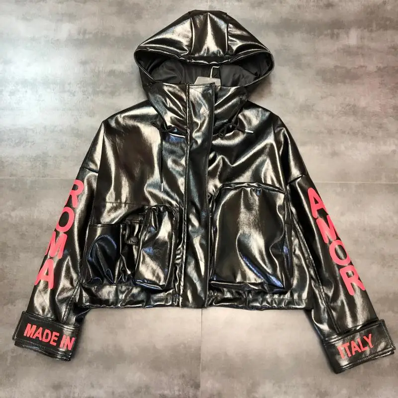 Модная глянцевая женская куртка из искусственной кожи с капюшоном дизайнерская