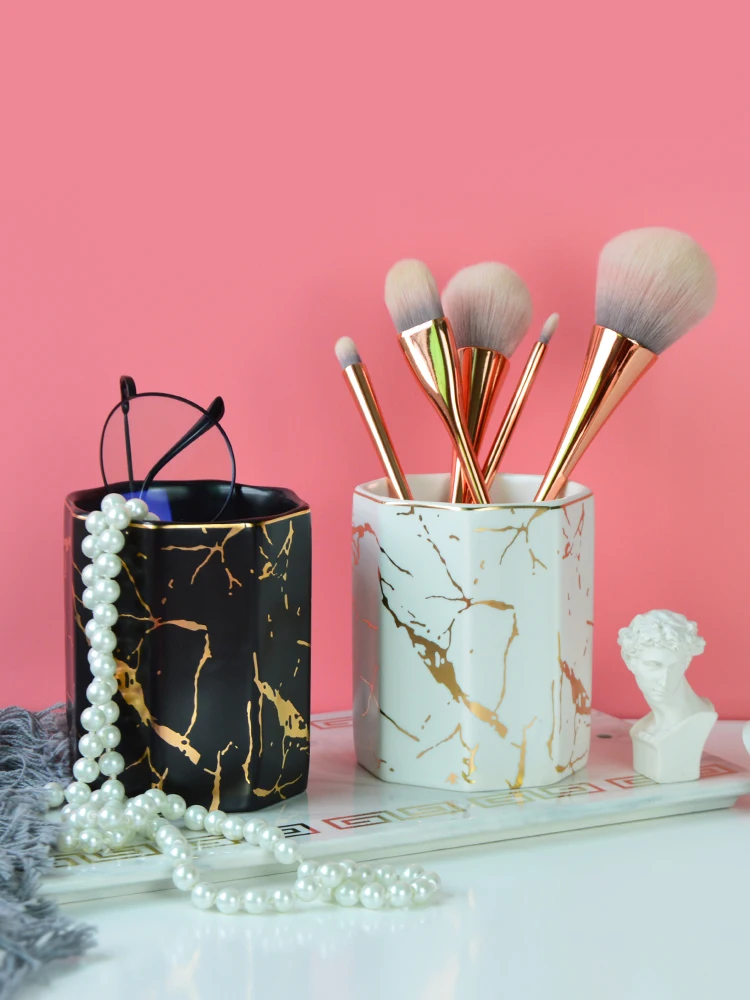 

Nordic Marble Ceramic Makeup Brush Eyebrow Pencil Lipstick Storage Tube Office Pen Holder Jewelry Art Supplies Organizer Box