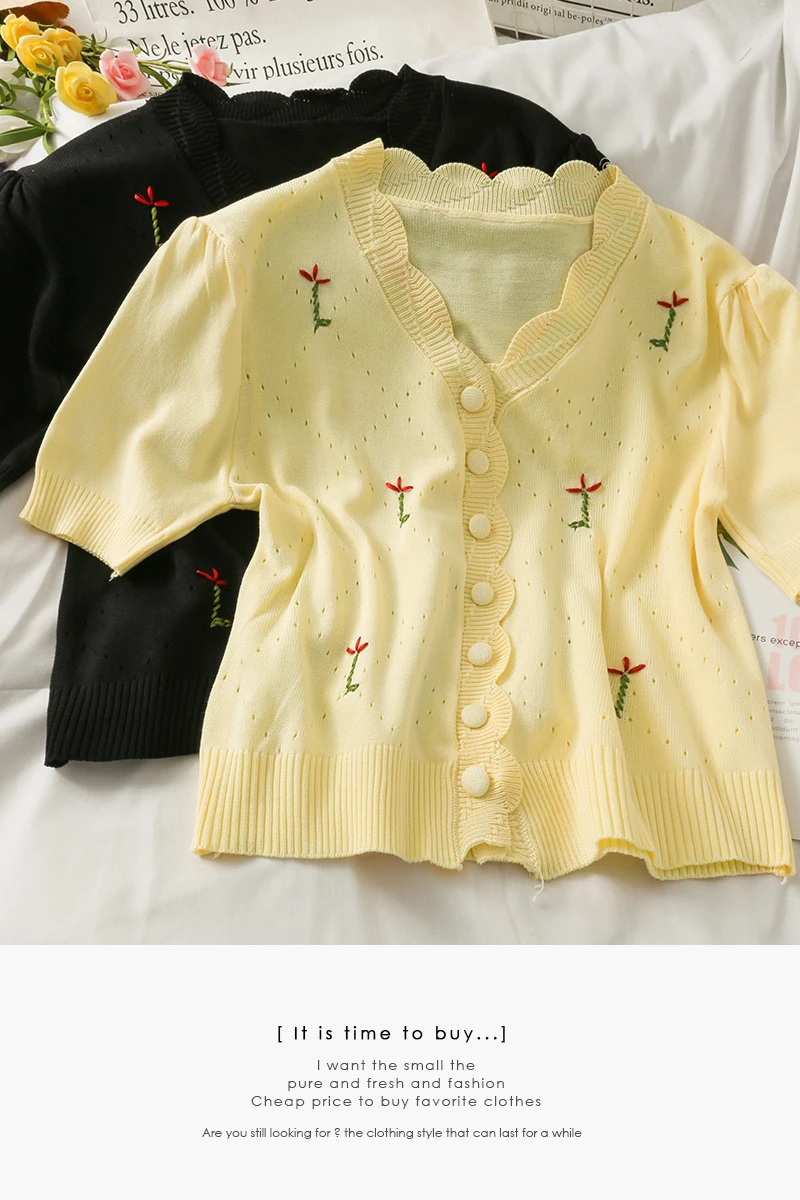 

2021 new wave-edged hollow embroidered knitted shirt women single-breasted short-sleeved T shirt