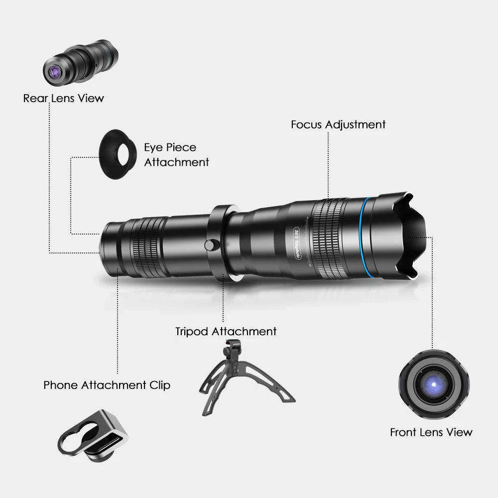 Фото Телеобъектив APEXEL HD 36X с ручным зумом, Мобильная камера, смартфоны с селфи-штативом для путешествий, охоты, туризма №2