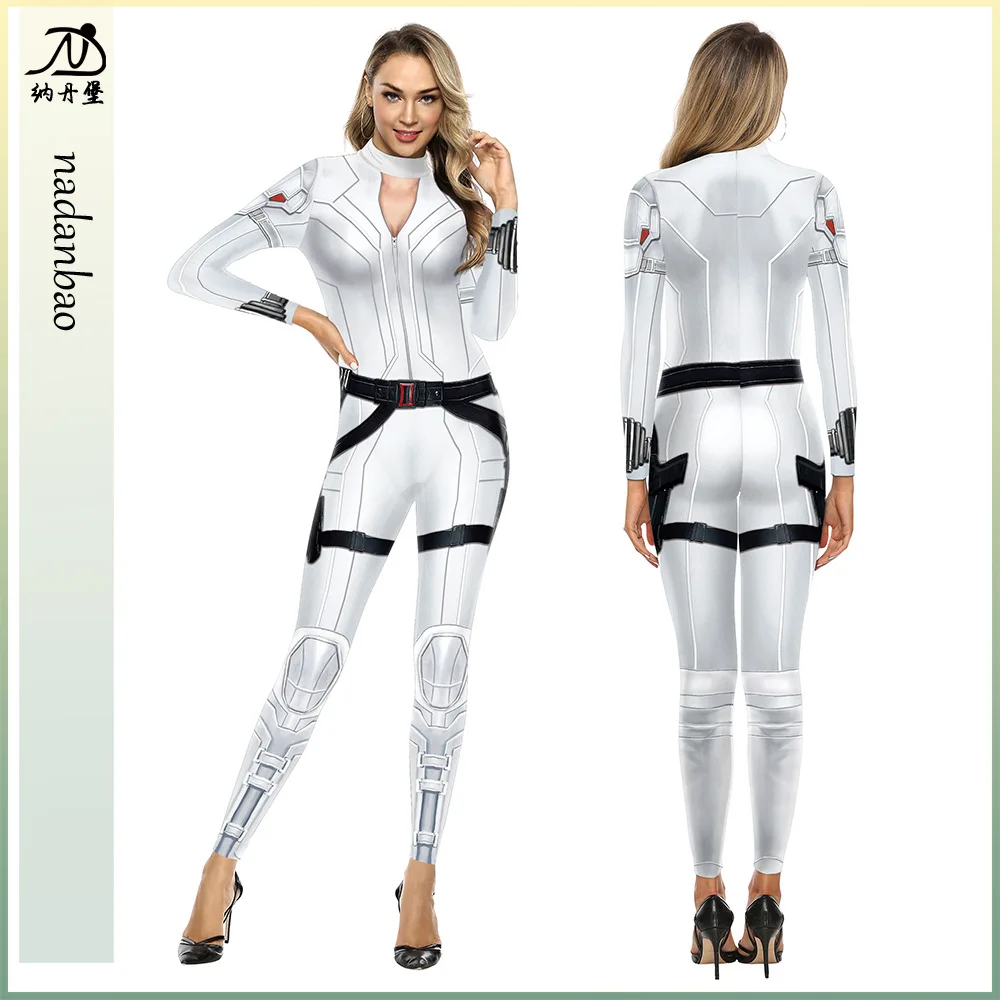 

Plus Size Women's Clothing 2021 Autumn and Winter New Cosplay Black Widow White Battle Suit 3D Digital Printing Jumpsuit Clothes