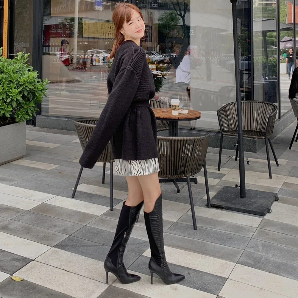 

Sarairis 2021 Hot Sale Genuine Cow Leather Sexy Thin High Heels Knee High Boots Women Shoes Pointed Toe Zip INS Party Boots