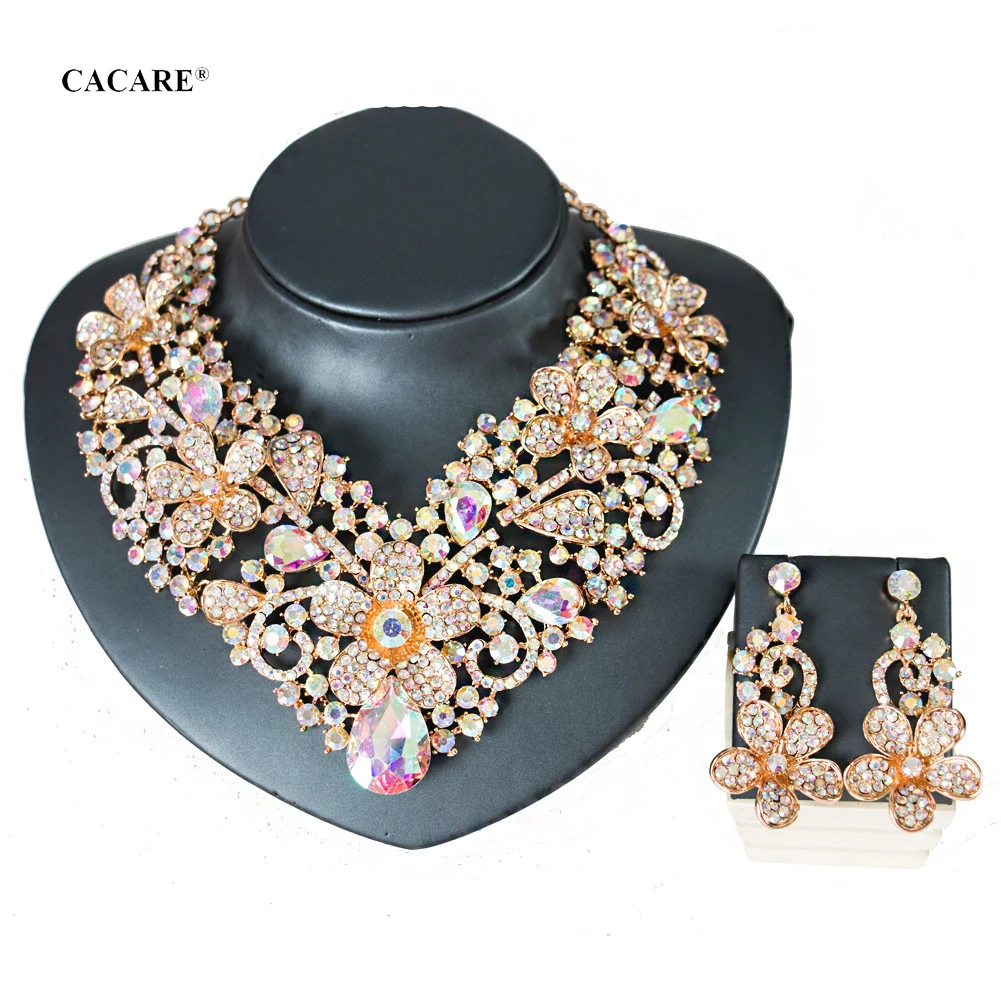 

Luxury Dubai Gold Jewelry Sets Women Big Necklace Earring Set Indian Jewellery F1003 Rhinestone Party Jewels 5 Colors CACARE