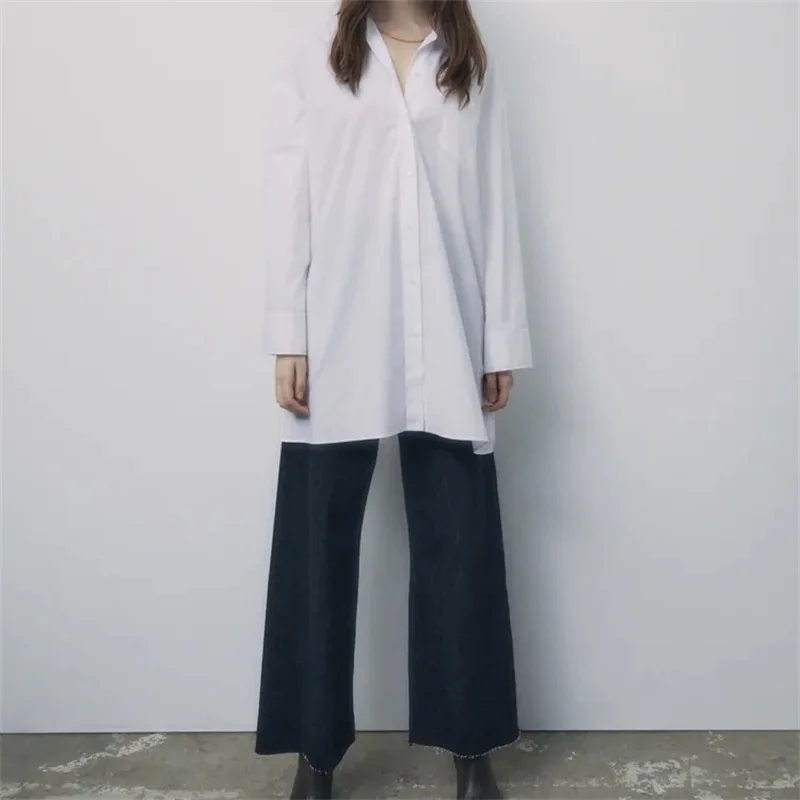 

TRAF Women 2021 Fashion Solid Color Lapel Loose Pocket Shirt Retro Long Sleeve Closure Blouse Streetwear