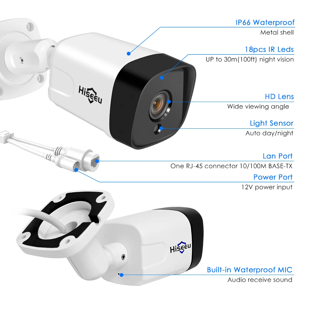 Hiseeu 1080P Bullet POE IP камера Аудио 2.0MP ONVIF Водонепроницаемая сетевая камера безопасности для наружного домашнего видеонаблюдения