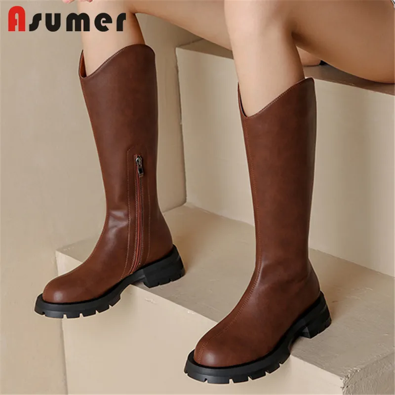

ASUMER 2022 New Arrive Genuine Leather Western Boots Women Knee High Boots Zip Round Toe Autumn Low Heels Knee High Boots Women