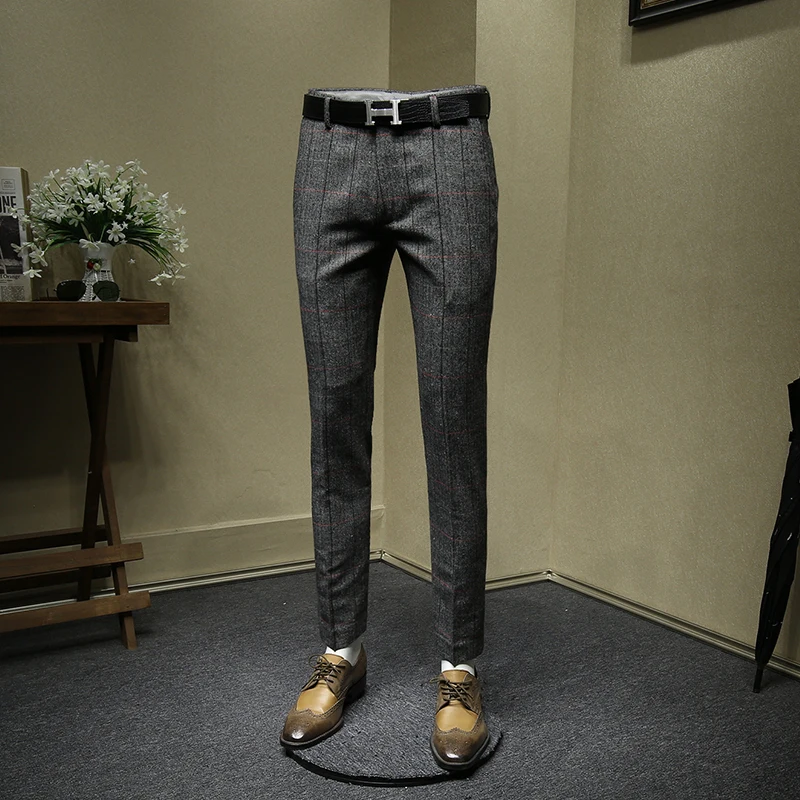 30% шерстяные мужские брюки Новое поступление уличная Тонкие штаны для молодых людей Осень Зима серые клетчатые утепленные мужские модные брюки 30 36