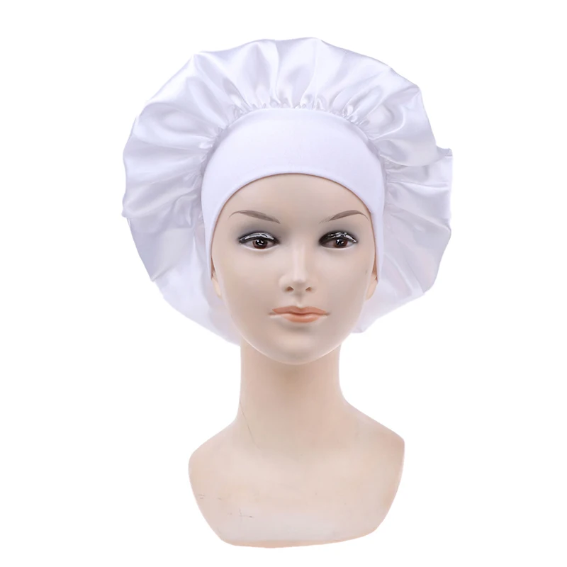 

58cm Solid Color Long Hair Care Women Satin Bonnet Cap Night Sleep Hat Silk Head Wrap Adjust Shower Caps Knitted Cap