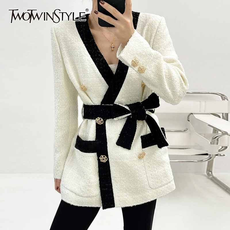 

TWOTWINSTYLE Colorblock Casual Lace Up Coats For Females V Neck Long Sleeve Patchwork Coat Women's Autumn Clothing 2021 Stylish