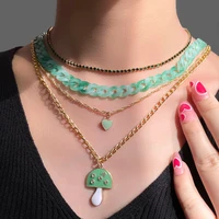 flatfoosie multi layer heart mushroom enamel pendant necklace for women chunky acrylic link chain crystal necklace trend jewelry