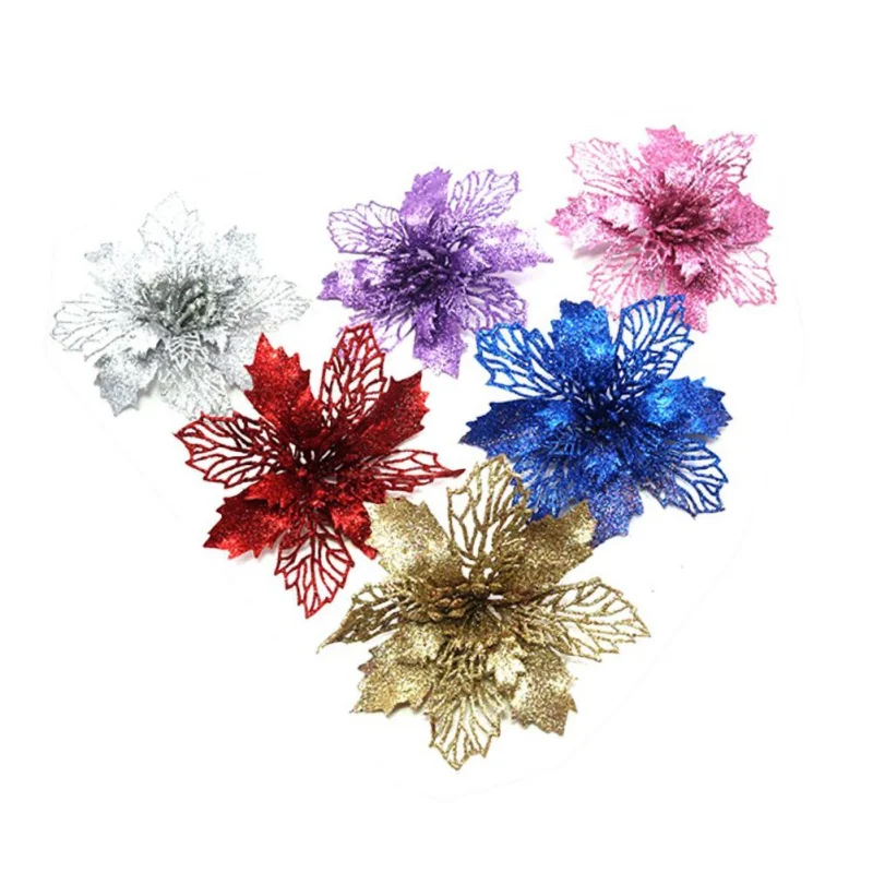 

6PCS Glitter Artificial Flowers Christmas Wreath Ornaments Merry Christmas Tree Poinsettia Flowers Decorations for Home New Year