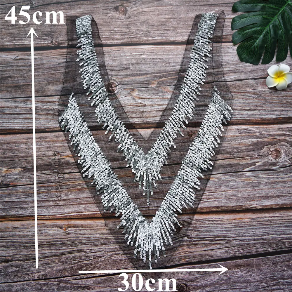 Черное Сетчатое кружевное платье с серебряными блестками и кисточками v образный