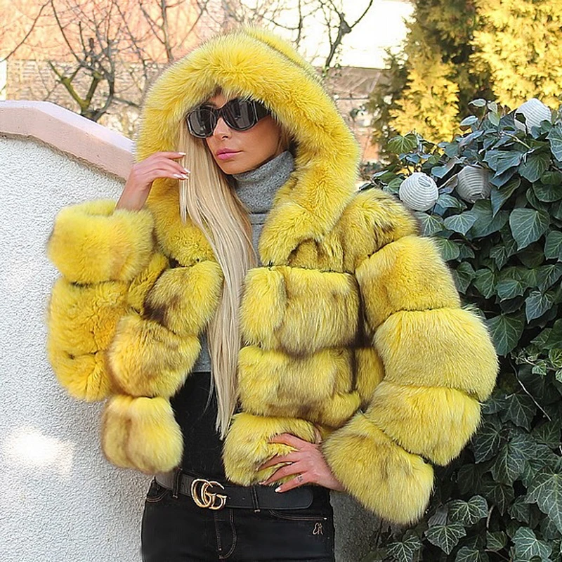 yellow New Women Real Fox Fur Hooded Winter Coats And Jackets Women's Natural Stripe Genuine Fur Outerwear - Цвет: yellow