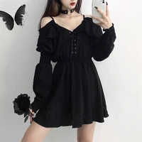 gothic black dress women casual button lace evening party sexy mini dress female long sleeve one piece dress korean 2020 autumn
