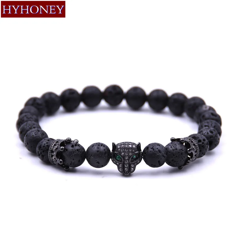 HYHONEY Black Lava натуральные камни бусины микро паве CZ голова леопарда корона