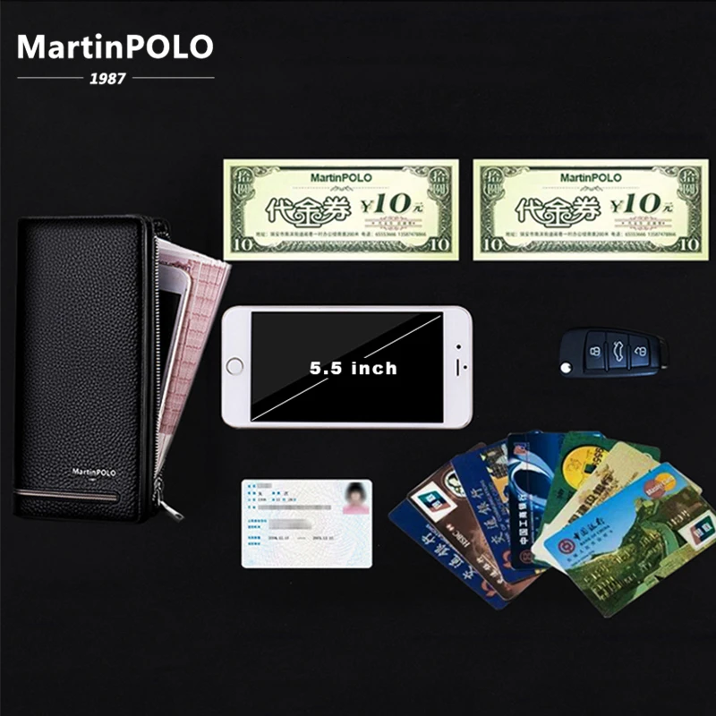 Мужской Длинный кошелек MartinPOLO из натуральной кожи на молнии с отделением для