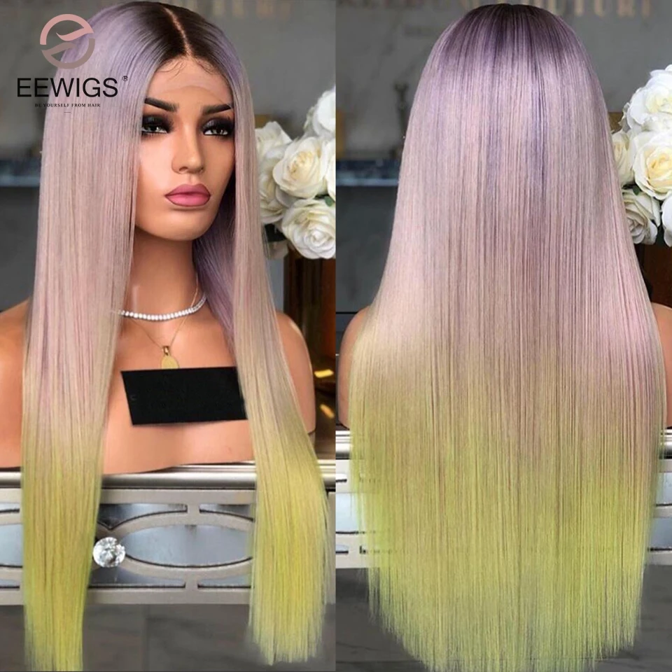 Ombre Color EEWIGS, 3 цвета, синтетический парик на кружеве, 13x4, жаростойкий парик, коричневый, фиолетовый, желтый, парики с эффектом омбре для черных женщин - Цвет: Ombre Color
