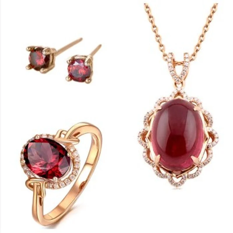 

Fashion Gilded Ruby Luxury Jewelry 4 Piece Set Ring Earring Bracelet Necklace Set Wedding Engagement Jewelry