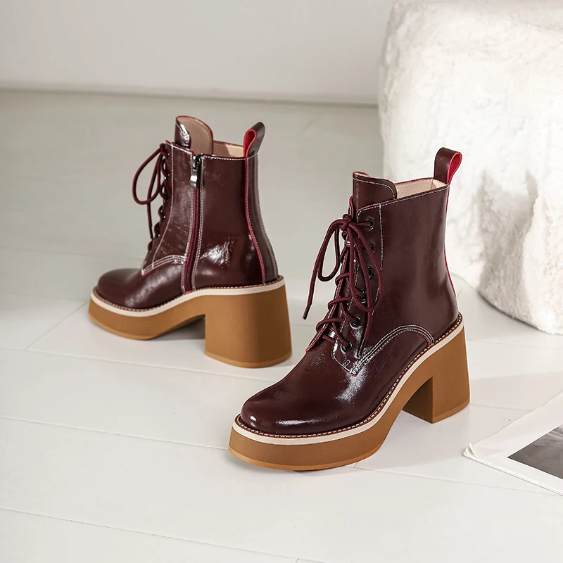 

High Quality 2021 New Winter Women Real Leather Motorcycle Boots Fashion Woman Boot Office Lady Footwear Black Wine Red Shoes