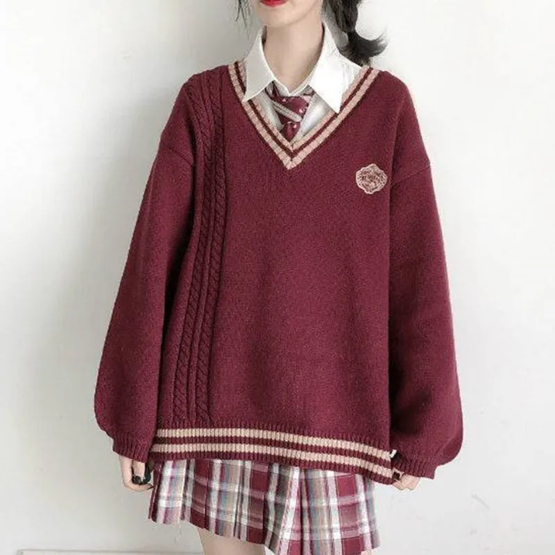 Sweet JK Uniform Pullover Sweater Korean V-neck Female Student Loose Outwear Japanese School College Style | Тематическая одежда и