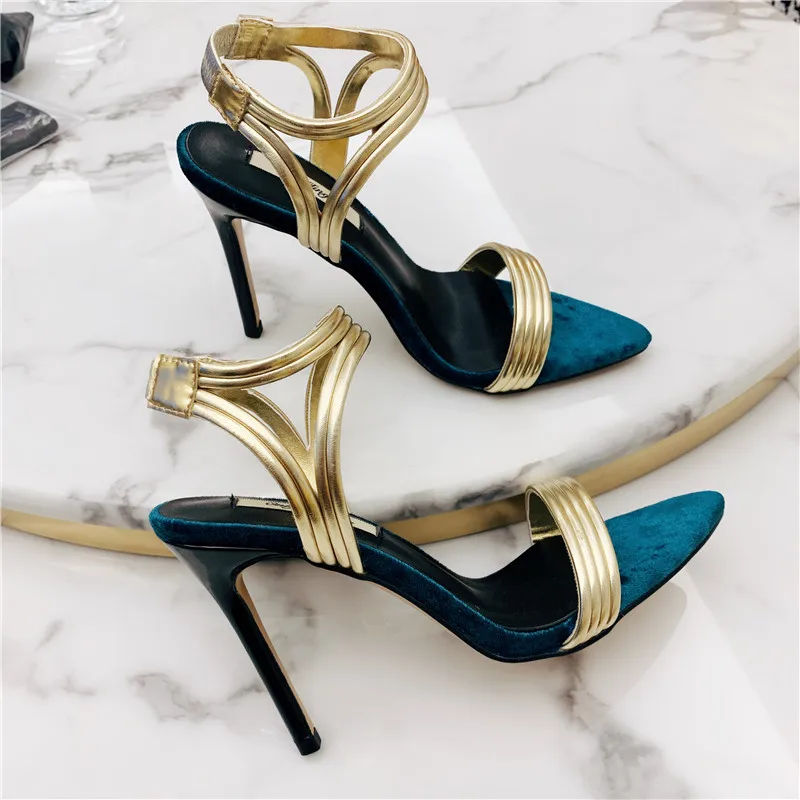 Ücretsiz kargo moda mavi kadife altın toka wrap strappy yüksek topuklu sandalet ayakkabı 10cm