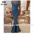 2021 пыльное синее вечернее платье с открытыми плечами, длинное платье на пуговицах с Боковым Разрезом, эластичное атласное женское вечернее платье