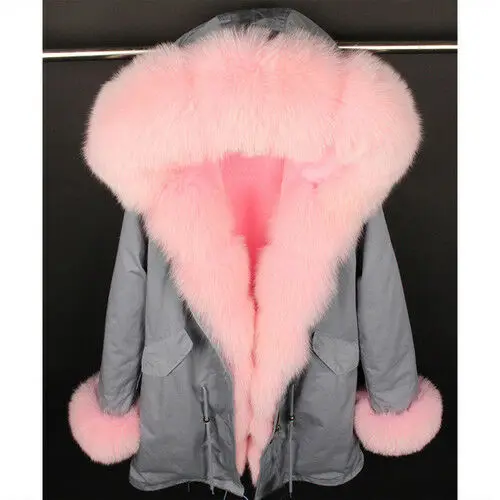 

NEW 100% Real Fox Fur Parka Womens Coat Hooded Jacket Rex Rabbit Fur Liner Overcoat