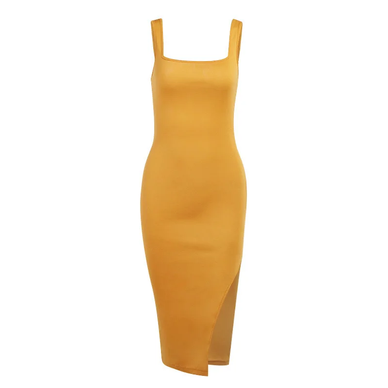 

2021 European and American fashion square neck vest split long dress super sexy slim temperament split skirt