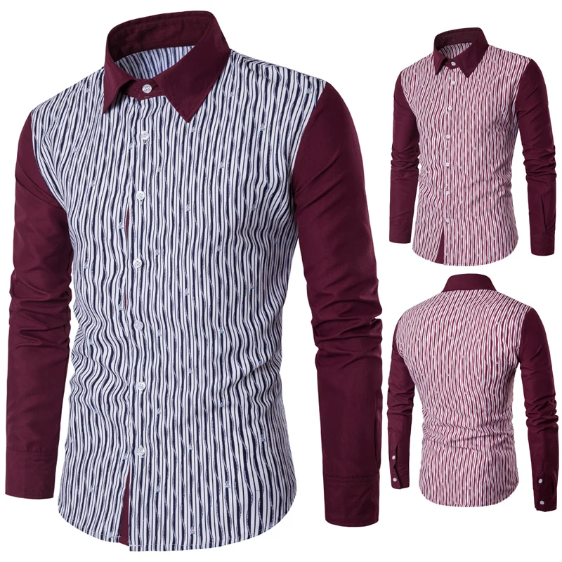 

Autumn striped stitching shirt male patchwork smart Casual Business Korean trend shirt striped Men's casual long-sleeved shirt