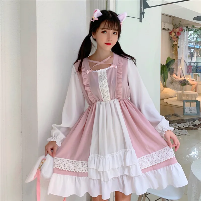 Kawaii/платье в японском стиле «Лолита»; мягкое милое Повседневное платье для девочек с короткими рукавами; студенческое летнее платье