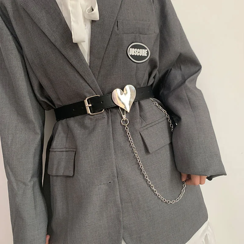 

Punk Women Belts Heart-Shaped Buckle PU Leather With Chain JK Waist Strap Female Harajuku Waistband All-match Jeans ins