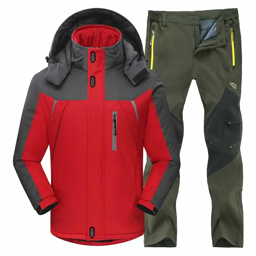 RedArmyGreenSuit Мужские зимние водонепроницаемые лыжные теплые флисовые походные куртки для рыбалки и катания на лыжах, мужские походные брюки, походная куртка, комплект, 4XL костюм - Цвет: RedArmyGreenSuit