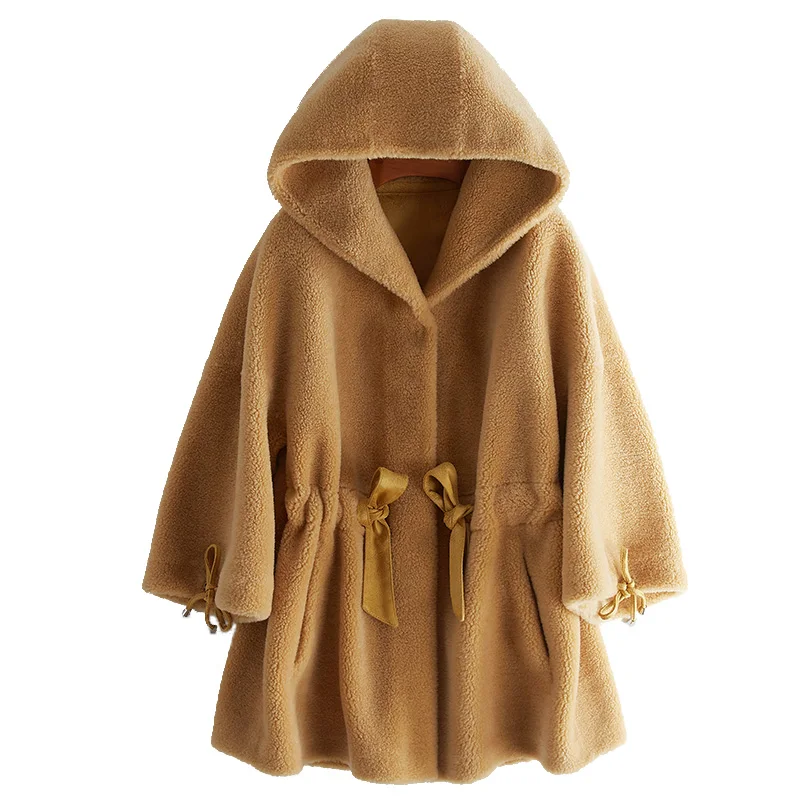 

Cashmere coat women's middle and long 2020 new lamb fur one-piece lace slim hooded fur coat