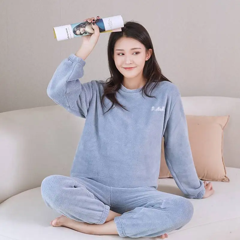 

Autumn winter pajamas women's round neck coral velvet solid color thickened pajamas long sleeve women's home wear two piece set