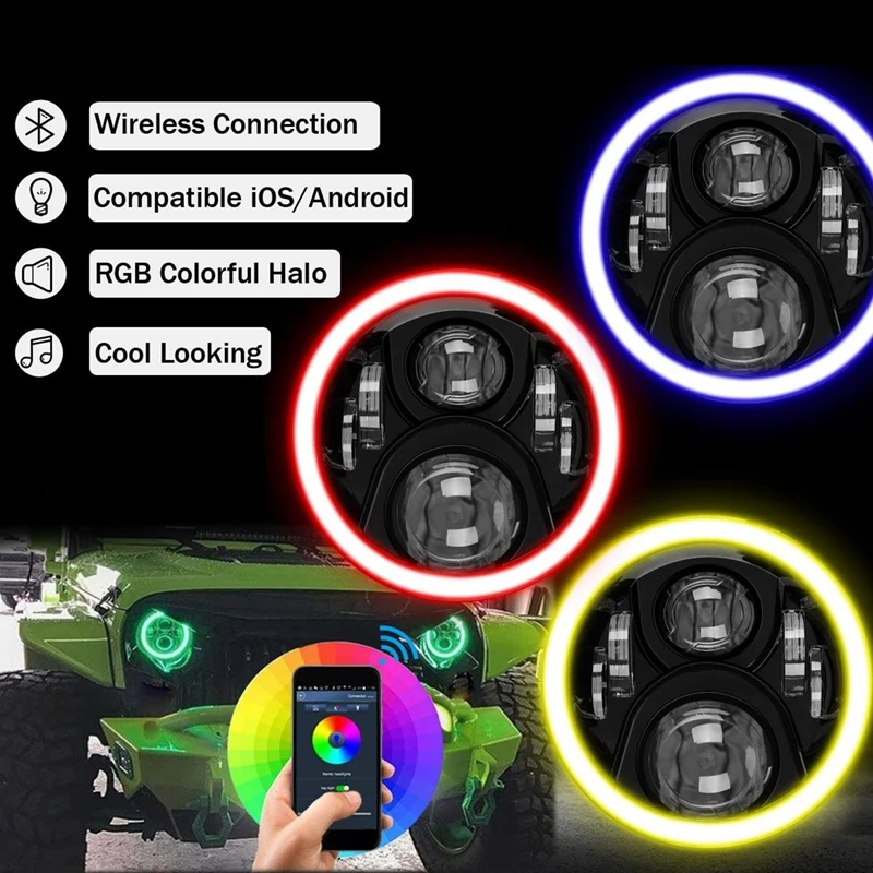 

7 Inch LED Headlights RGB Halo Ring Angel Eyes Round Multicolor DRL Bluetooth Remote for Jeep Wrangler JK TJ 1976-2017