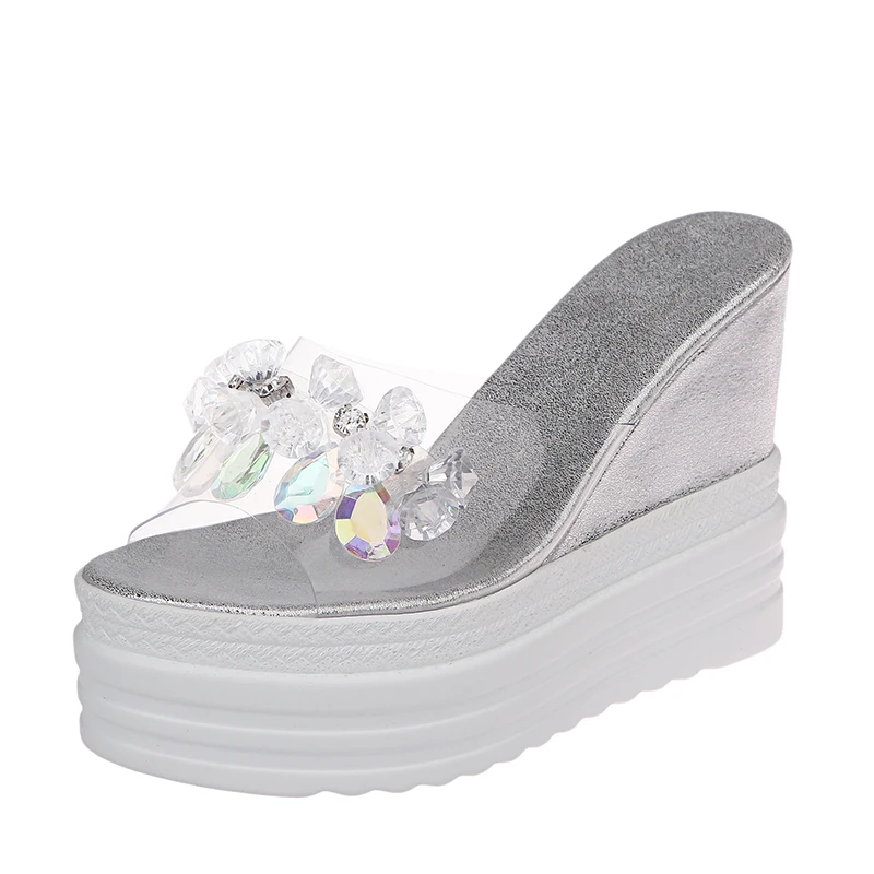 

On A Wedge Transparent Slippers Female Shoes Women Heels Slides String Bead Fashion Platform 2021 High Luxury PU Super Transpare
